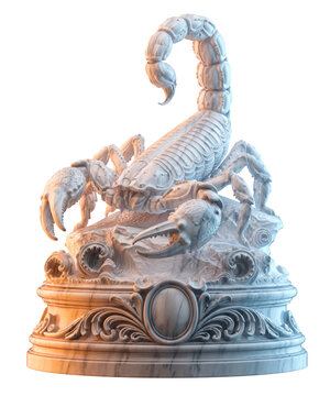 Scorpio zodiac sign represented by a detailed marble scorpion sculpture, isolated on a transparent PNG background with a classical carved-stone aesthetic. Annual horoscope calendar design, 3D