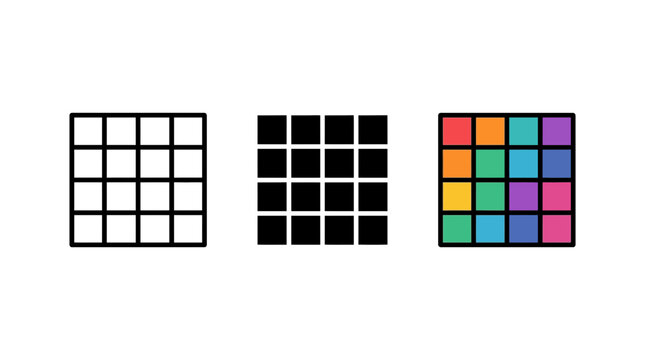 Grid matrix square icons shown in outline silhouette and colorful solid variations with interface