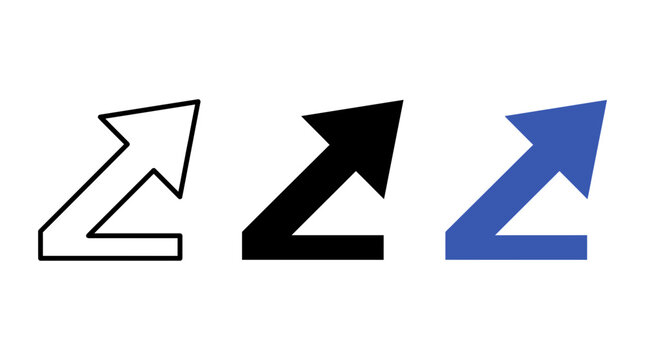 Diagonal corner arrow direction icons in outline silhouette and blue vector styles with direction