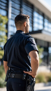 Rear view of a security guard standing outside a bright school building cropped composition with face out of frame campus safety concept uniformed professional order and protection