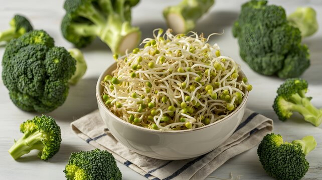 Fresh organic mung bean sprouts in a white bowl with green broccoli florets for healthy cooking