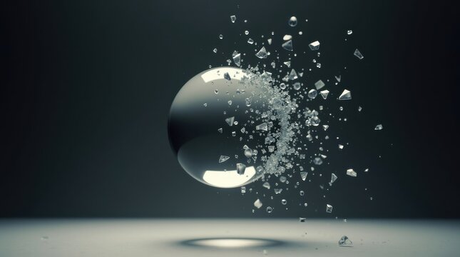 Esfera de cristal rompi&eacute;ndose en fragmentos congelados en el aire, fondo oscuro minimalista, concepto de descomposici&oacute;n