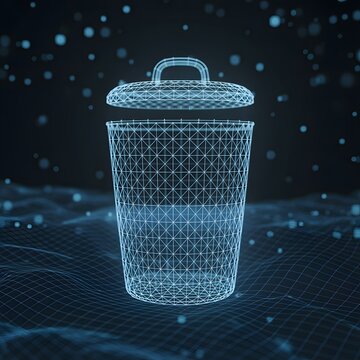 Futuristic glowing blue wireframe recycle bin representing digital waste management and data disposal