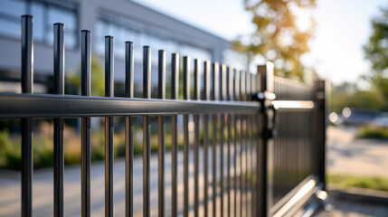 Fototapeta premium Modern black steel security gate outside a contemporary bright school campus vertical bars and sliding mechanism daylight exterior perimeter safety concept education security