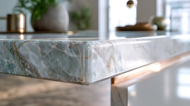 Close up of a luxurious polished marble kitchen countertop edge.