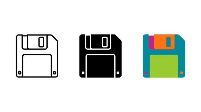 Floppy disk save icon set in outline black silhouette and bright color flat style with silhouette