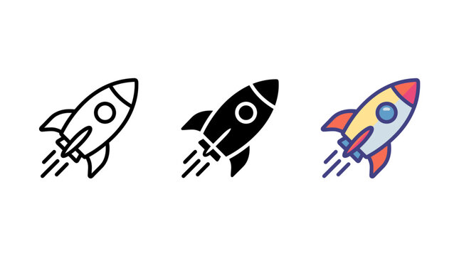 Rocket launch icon set in outline black silhouette and flat color design style with exploration