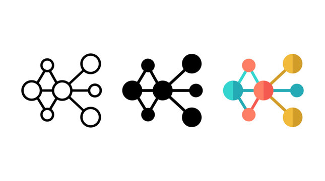 Molecular structure and network node line silhouette and color vector icons set with molecule