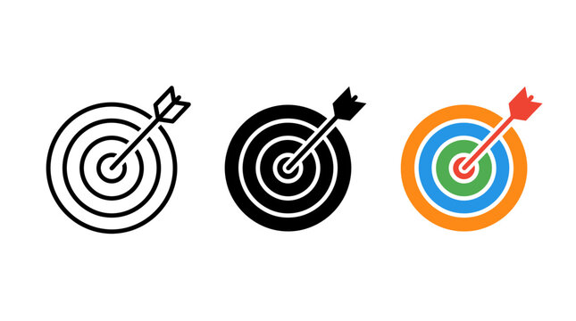 Target vector icon set showing outline solid and colorful dartboard success symbols with dartboard