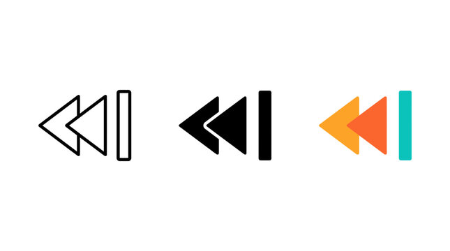 Set of three fast rewind media player icons in outline, solid black, and colorful flat styles