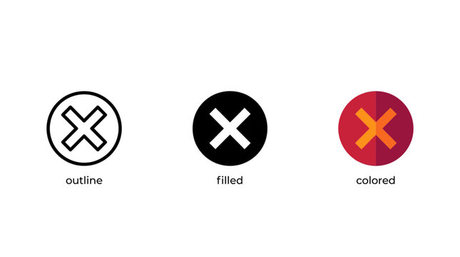 Cross mark delete cancel icon set showing outline filled and colorful graphic variations