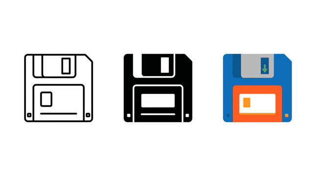 Floppy disk save icons in outline solid colorful flat design styles technology computer
