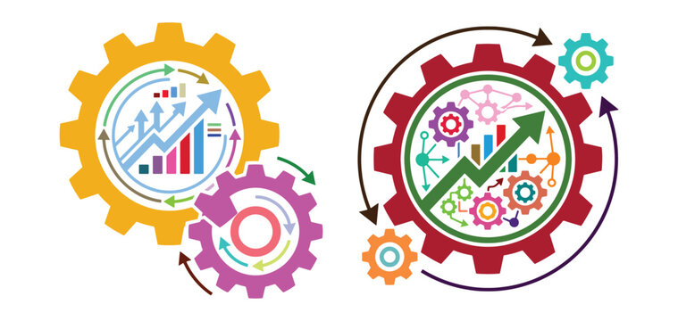 Two gear featuring bar charts and growth arrows, isolated on a white background, for business and, industrial performance analysis