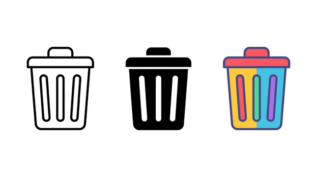 Rubbish bin trash can icons in outline solid and bright color vector graphics with container