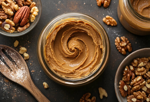 Healthy nutrition and vegan protein, walnut butter in a glass jar with raw nuts and wooden spoon for organic diet and plant based cooking lifestyle
