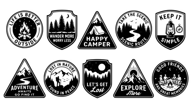 Collection of monochrome outdoor camping badge vector graphic design illustrations