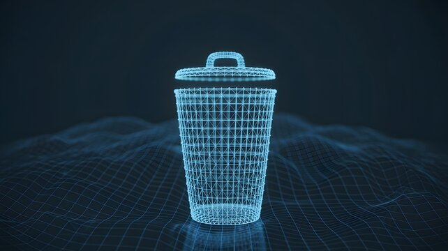 Holographic wireframe trash bin with an open lid over a digital data network grid