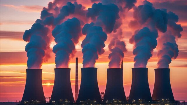 Air pollution in large industrial city, plant toxic smokes through high chimneys AI Generative