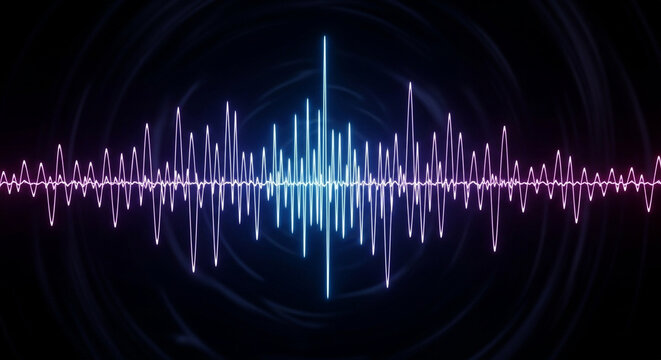 Glowing electronic sound wave visualization pulsating with vibrant blue and purple energy across the dark digital display representing frequency modulation and audio technology innovation