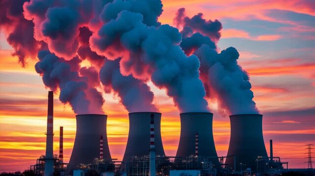 Air pollution in large industrial city, plant toxic smokes through high chimneys AI Generative