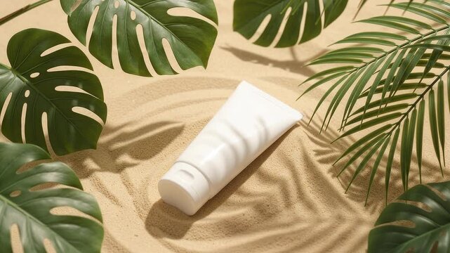 Tropical suncare product mockup with a blank white squeeze tube on golden beach sand, framed by lush green monstera and palm leaves.