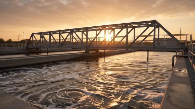 Vast industrial aeration tanks at a modern wastewater treatment plant during golden hour sunset, reflective water surfaces, photorealistic.