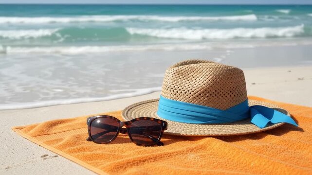 Sunny tropical beach vacation still life with tortoiseshell sunglasses, straw hat with blue ribbon and orange towel on soft white sand.