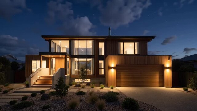 Contemporary two-story home with warm timber siding, custom garage door, elegant entry staircase and gravel garden under a twilight sky.