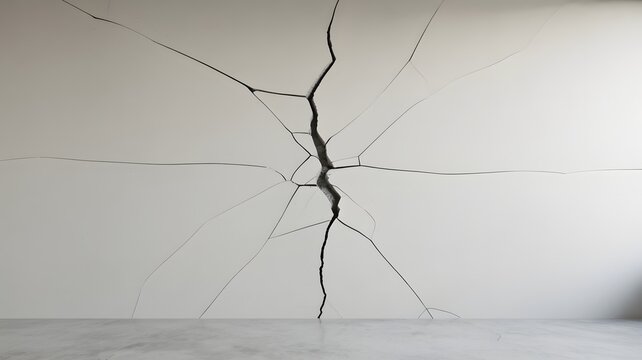 Large deep crack running through a clean white plastered wall in a modern empty room with concrete floor
