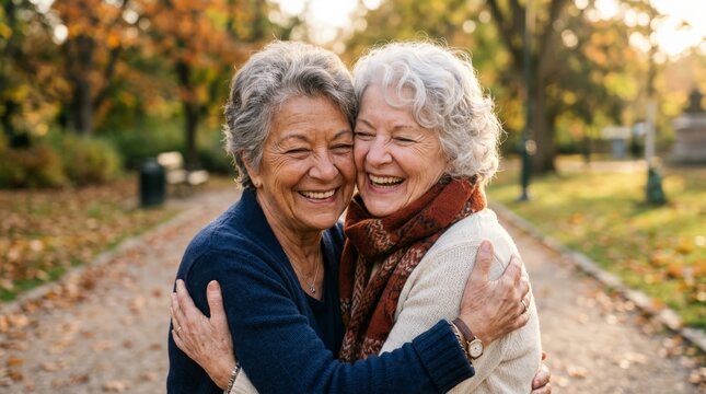 Two happy elderly women embrace lovingly in a sunlit autumn park, a poignant moment reflecting the support systems needed during an alzheimer diagnosis for seniors and families