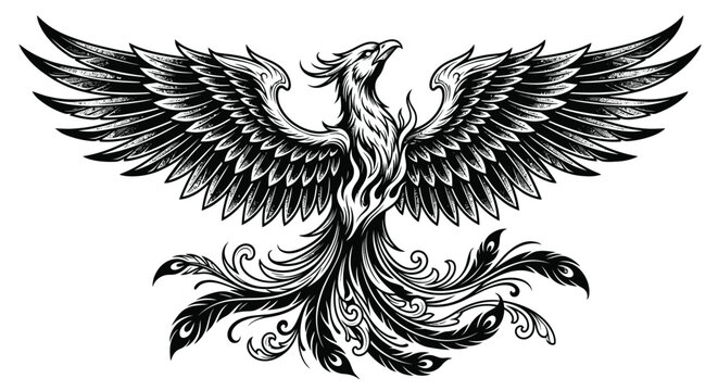 Black and white phoenix tattoo illustration with spread wings and long tail feathers. Neo-traditional mythical firebird design isolated on a clean white background for stock.