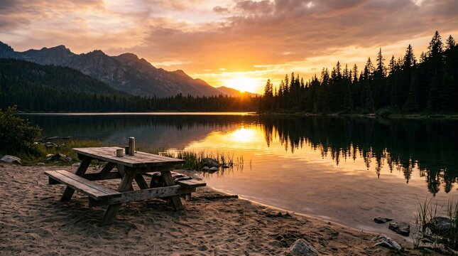 Tranquil wooden picnic table on the sandy shore of a calm lake during golden sunset, silhouetted pine trees, serene wilderness atmosphere