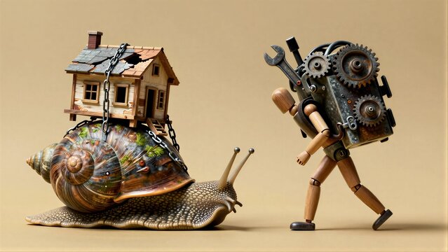 Snail carries house on back; mechanic walks by with gear tools.