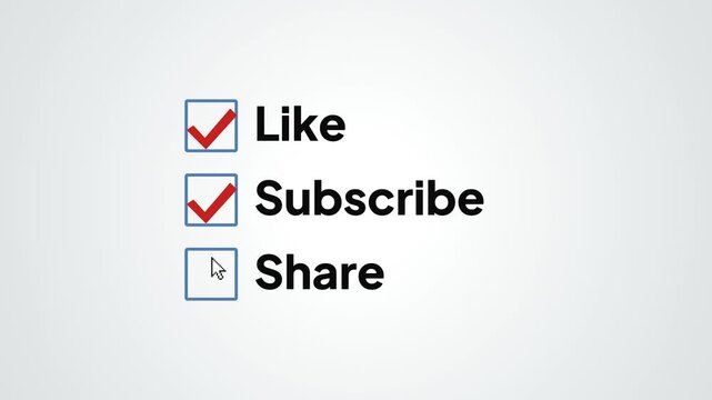 Cursor clicking checkboxes to like subscribe and share on clean background