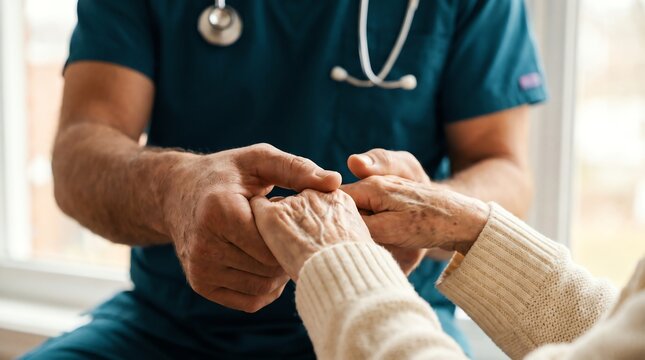 Compassionate healthcare provider offering gentle support to an elderly patient, emphasizing empathy and human connection in medical care