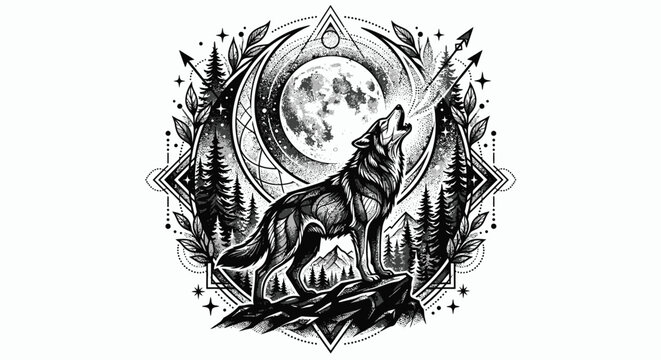 Geometric Wolf Tattoo Design Illustration with Howling Wolf, Full Moon, Pine Trees and Dotwork Accents, Black and White Celestial Animal Art on White Background