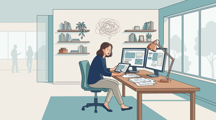Obraz premium Woman working at computer desk, feeling stressed and confused at home office