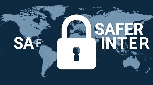 White padlock icon over blue world map for global security