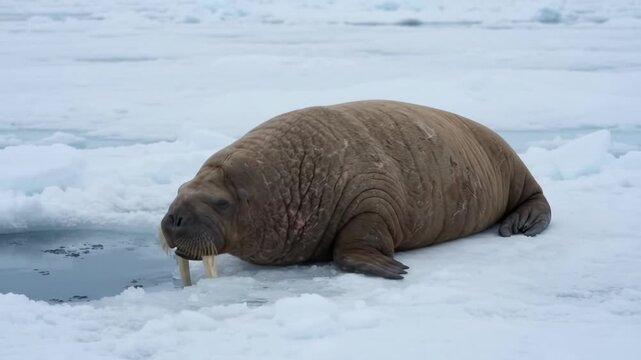 Large Walrus Resting On Pack Ice Near Open Water Hole