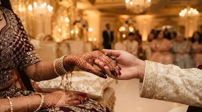 Bride and groom holding hands during a traditional luxury Indian wedding ceremony