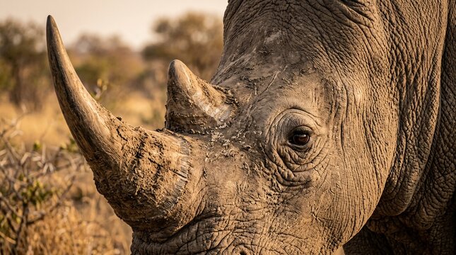 Powerful close-up of a majestic white rhinoceros showing detailed skin wrinkles, soulful eye and textured horn dusted with dry African dirt