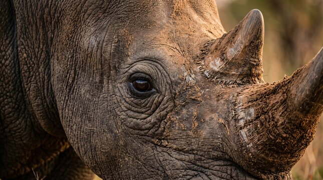 Powerful close-up of a majestic white rhinoceros showing detailed skin wrinkles, soulful eye and textured horn dusted with dry African dirt