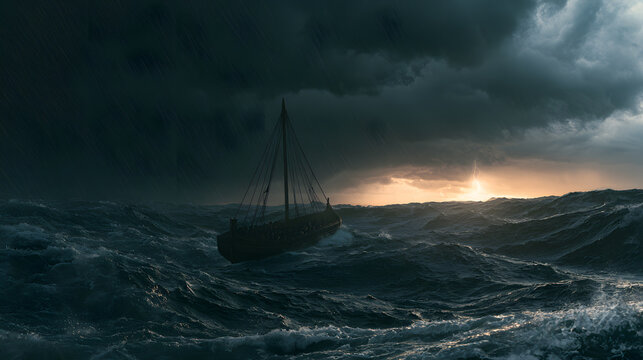 A wooden viking ship navigating through a fierce storm at sea with dark clouds and dramatic lightning strikes