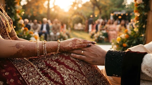 Bride and groom holding hands during traditional luxury wedding ceremony at sunset