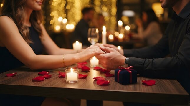 Couple holding hands on a romantic candlelit dinner date at a restaurant