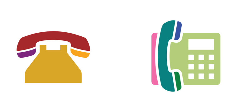 Two flat of classic landline telephones in different colors, isolated on a white background, communication and office equipment
