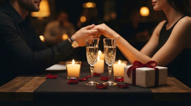 Romantic couple holding hands during a candlelit dinner date with a gift on the table