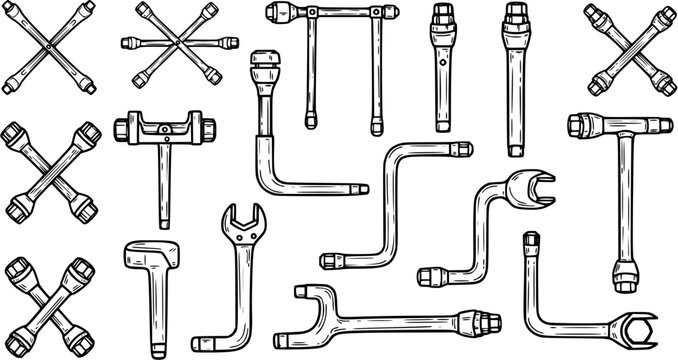 Automotive Wrenches Set in Hand-drawn Black and White Sketch Style. Collection of Mechanic Tools like Lug Wrenches, Socket Wrenches, and T-Handles for Vehicle Repair.