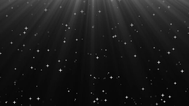Magic sparkles glitter line stars, twinkle stars, cartoon doodle twinkle effects, white stars and bokeh lights sparkle glittering burst effect, seamless loop animation on black screen background, 4k