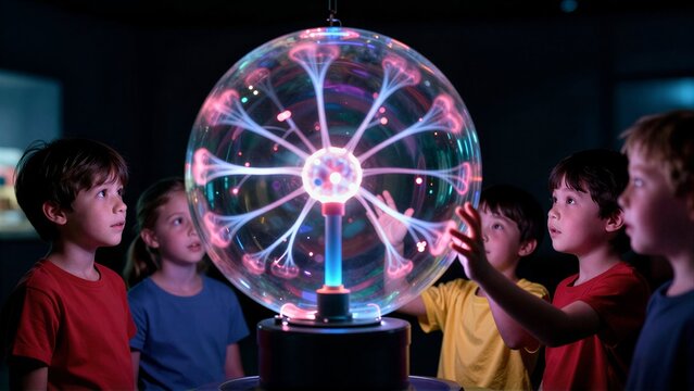 Children gather around a glowing plasma ball, mesmerized by its electric dance.
